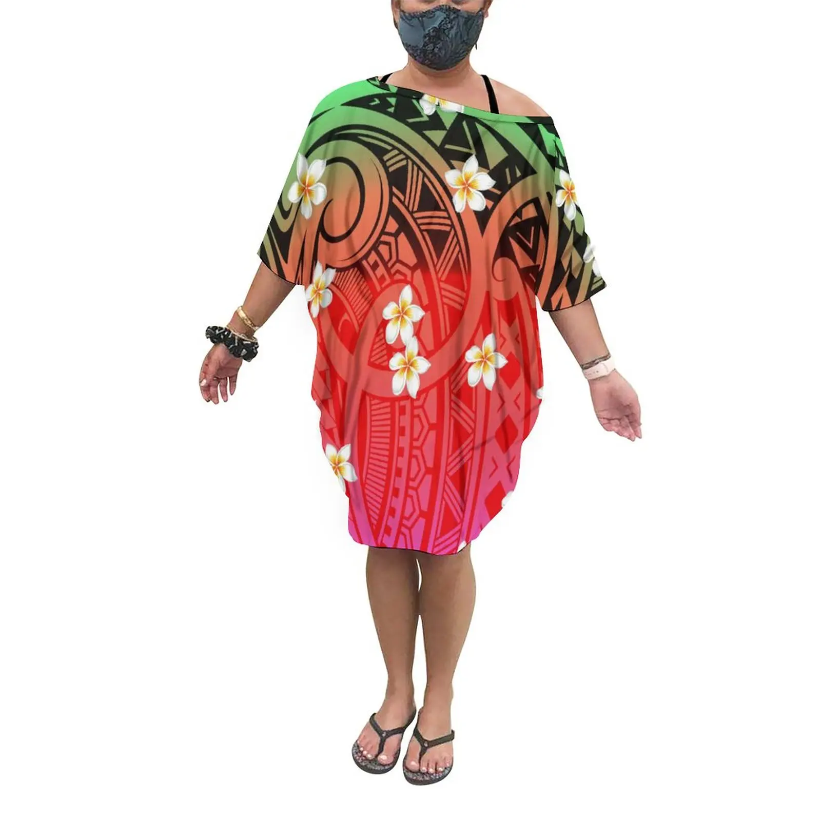 

Custom Ladies One Size Poncho Dresses Polynesian Tribal Print Batwing Sleeve Loose Off Shoulder Womens Rree Size Tops