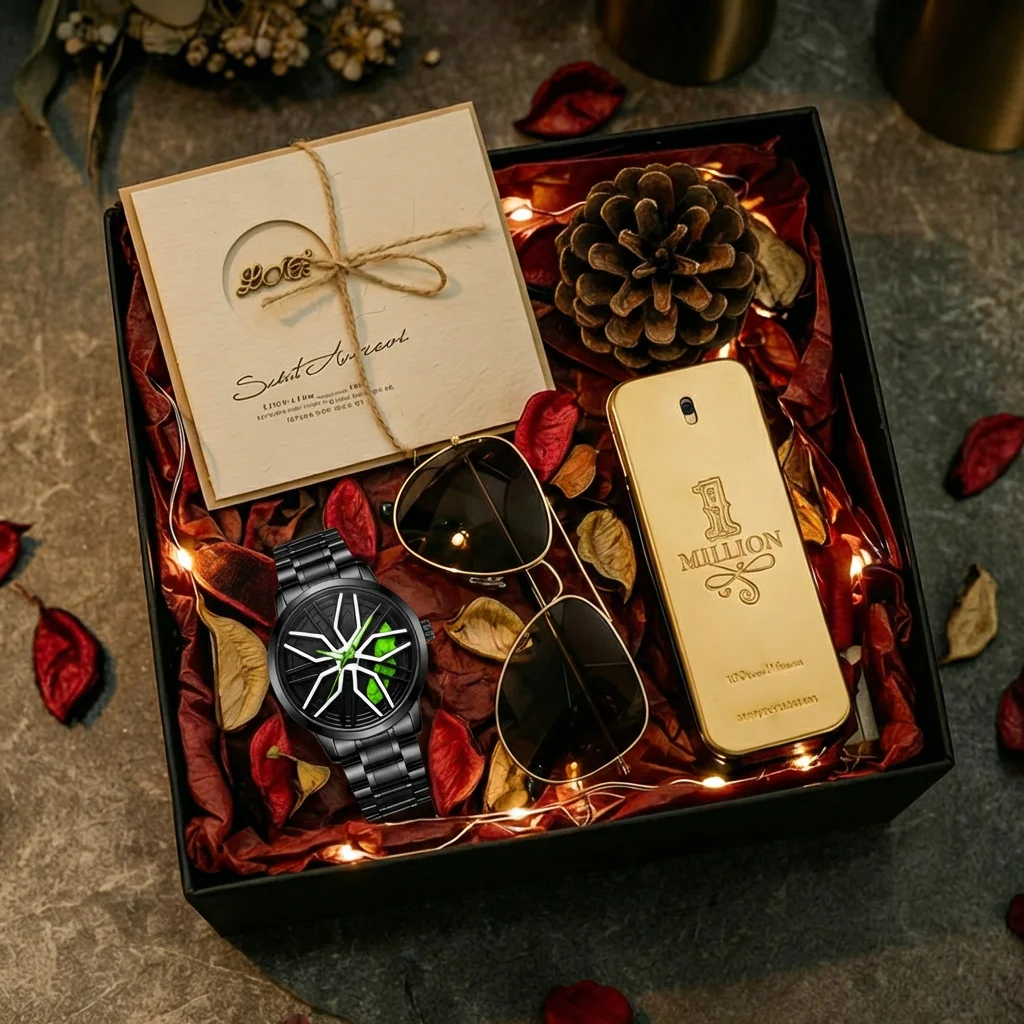 4pcs Men's Black Green Metal Strap Modern Fashion Unique Dial Sunglasses Perfume Mechanical Watch Gift Box Set Daily Party