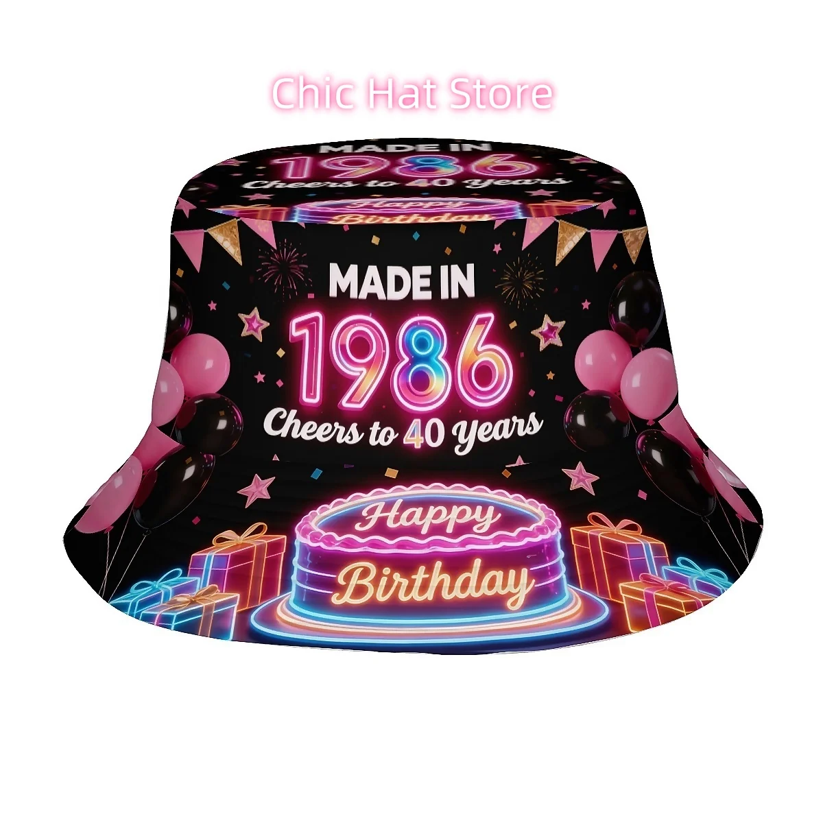 1pc Created in 1986 Celebrating 40 Years Neon Pink And Black Happy Birthday Cake Balloons Unisex Printed Fisherman Hat, a Trendy