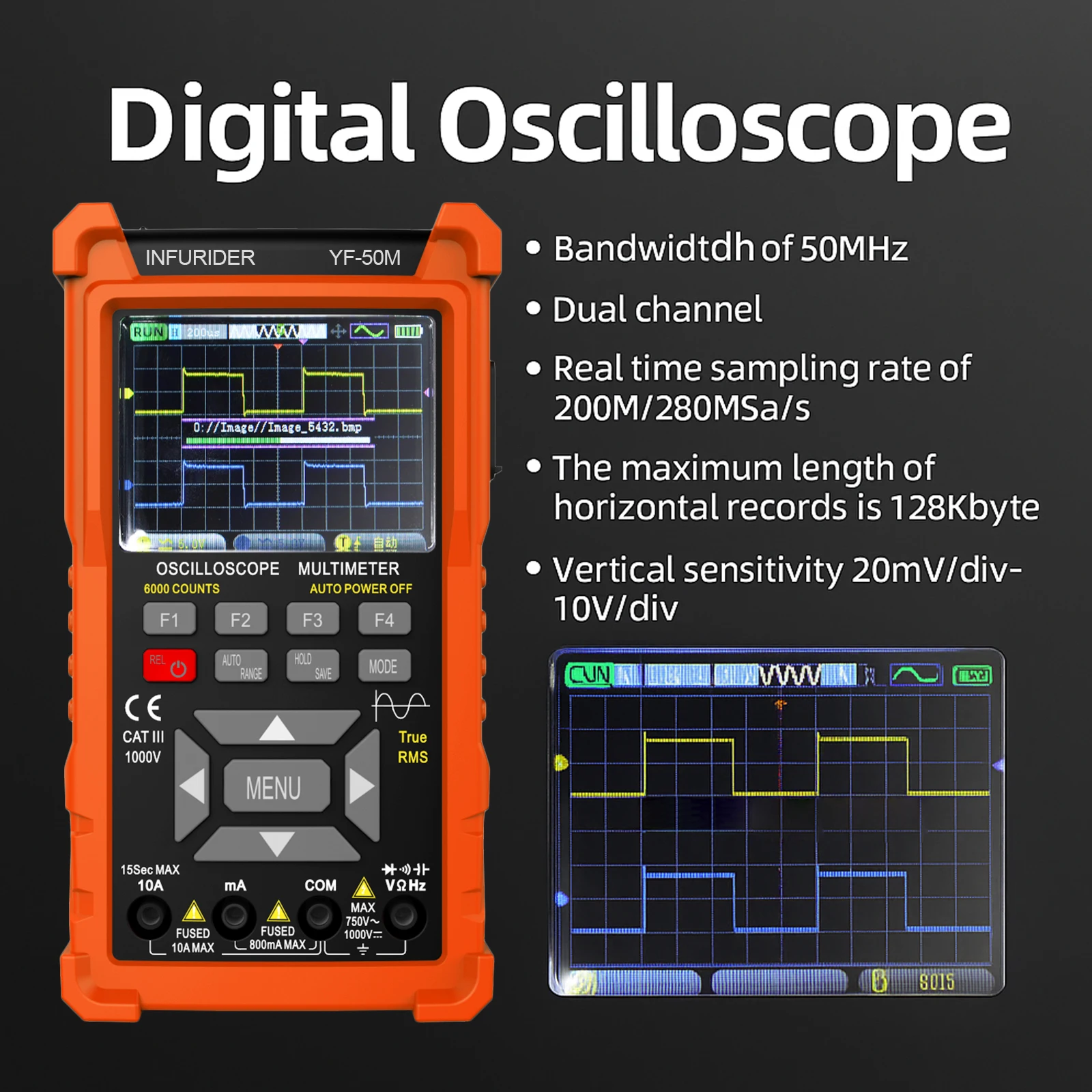 3 in 1 Oscilloscope Multimeter, Handheld Signal Generator, 50MHz Lab Oscilloscopes with 2 Channel, 200M/280MSa/s, Voltage Tester