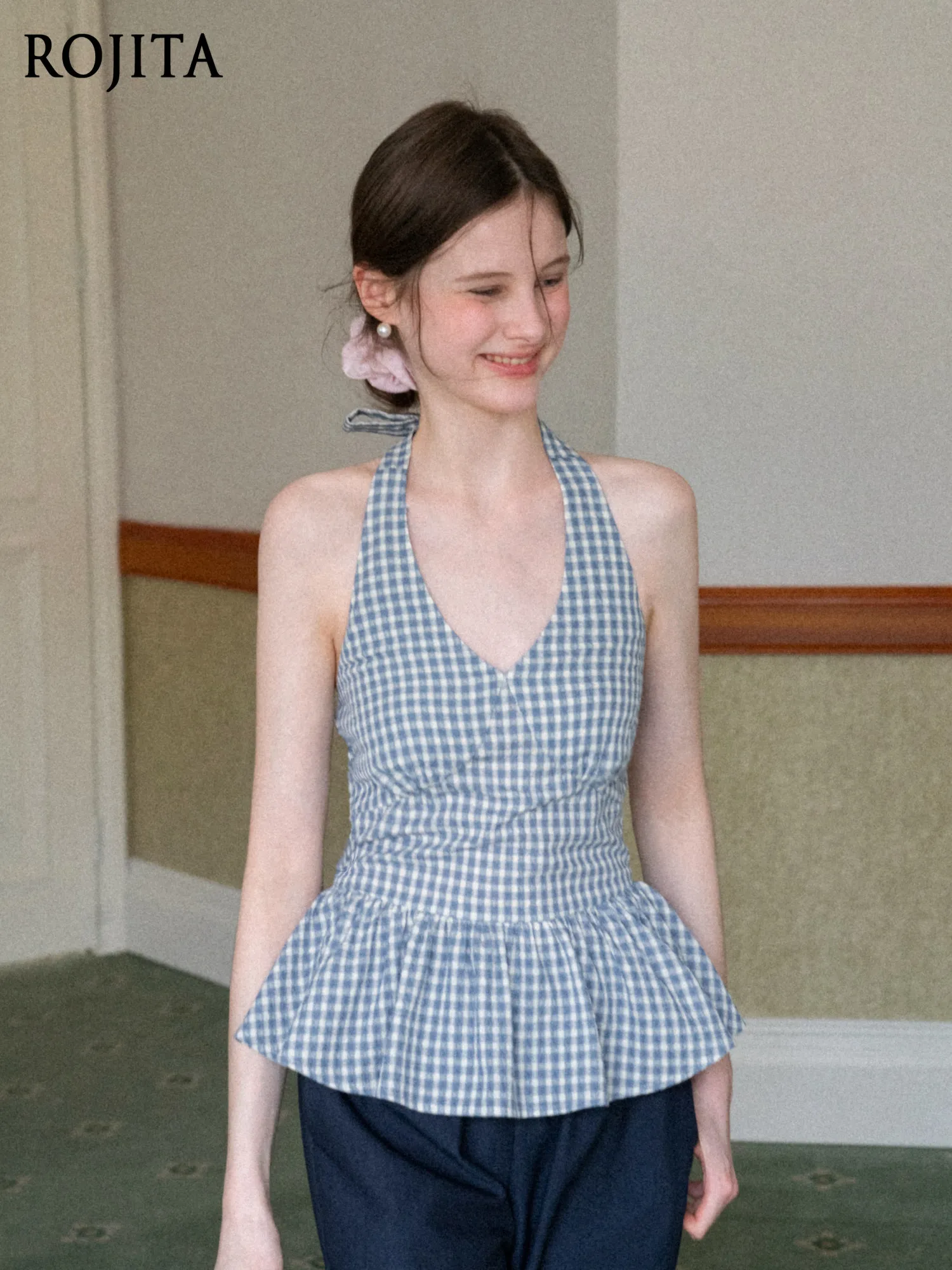 

Blue and White Grid Neck Strap Ruffle Edge Vest Sling Women's Summer V-neck Slim and Thin Temperament Sleeveless Top