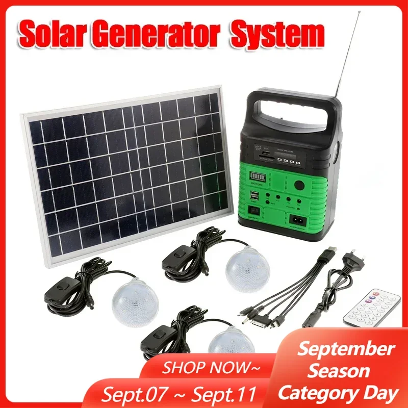 Portable Camping Solar Power Generator System Solar Panels + Radio + 3 Light Bulbs + Remote Control Outdoor Emergency Supply