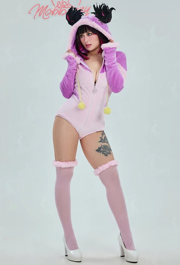 

Mobbunny Women Anime Cosplay Plush Homewear Pink Fluffy Bodycon Romper Hooded Bodysuit with Spider Doll and Socks