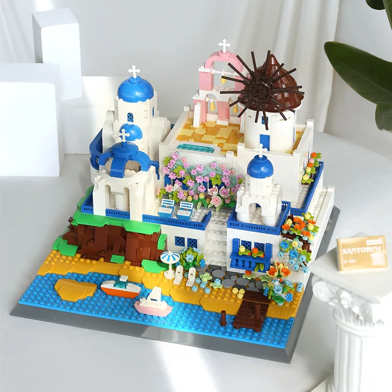 Creative Romantc Island Architecture Greece Santorini Building Block Model Set Aegean Sea Construction Brick Toy For Gift
