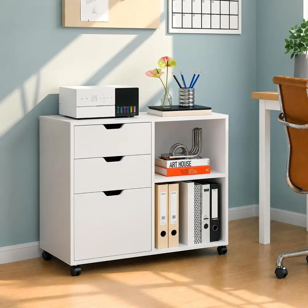 Wooden Rolling File Cabinet with Open Shelves, Printer Stand, and A4 Letter Size Storage (White, Recessed Pull)