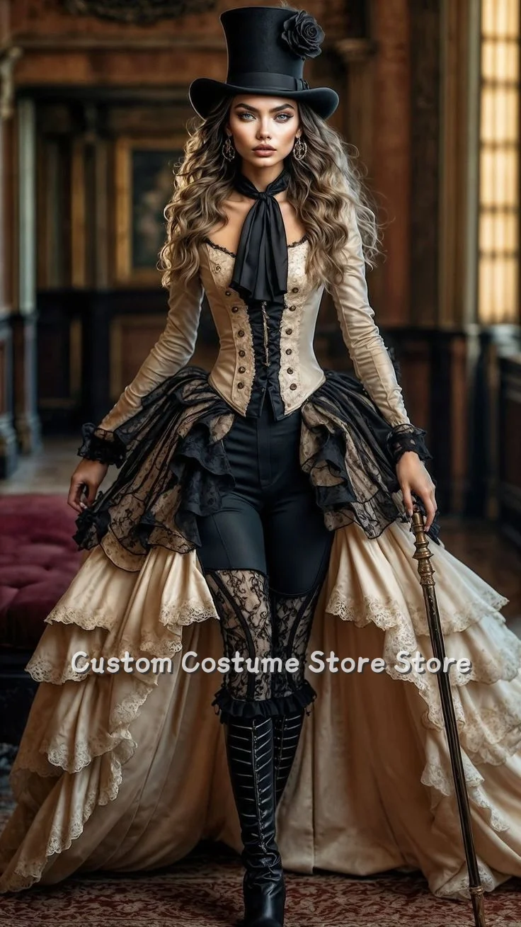 Customized Baroque Victorian Ball Gowns Black and White Long Sleeve Lace Inlaid Corset Front Short Trailing Movie Laced Evening