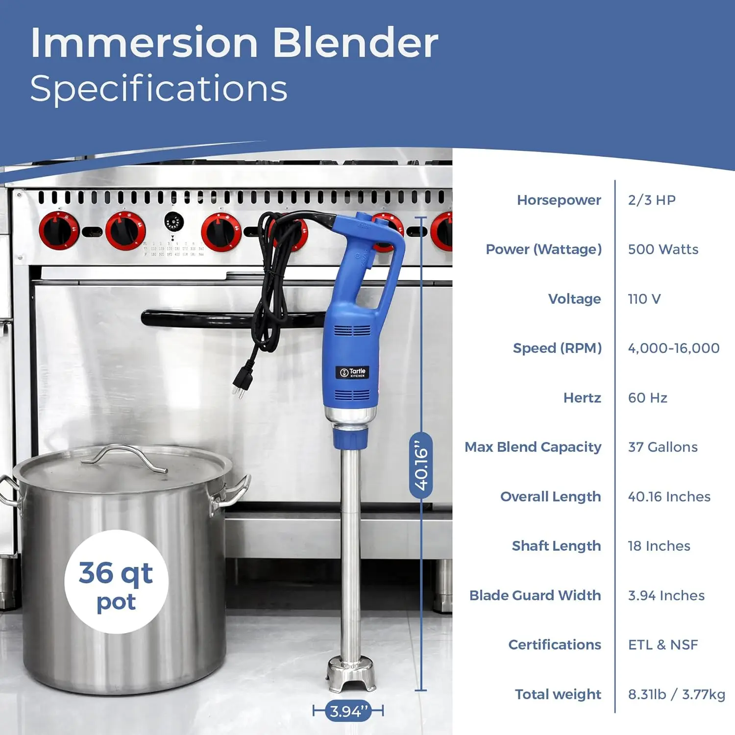 Commercial Immersion Blender, 500 Watt/.5 HP Variable Speed Motor, 16,000 RPM Heavy Duty with Performance Assurance - 18"