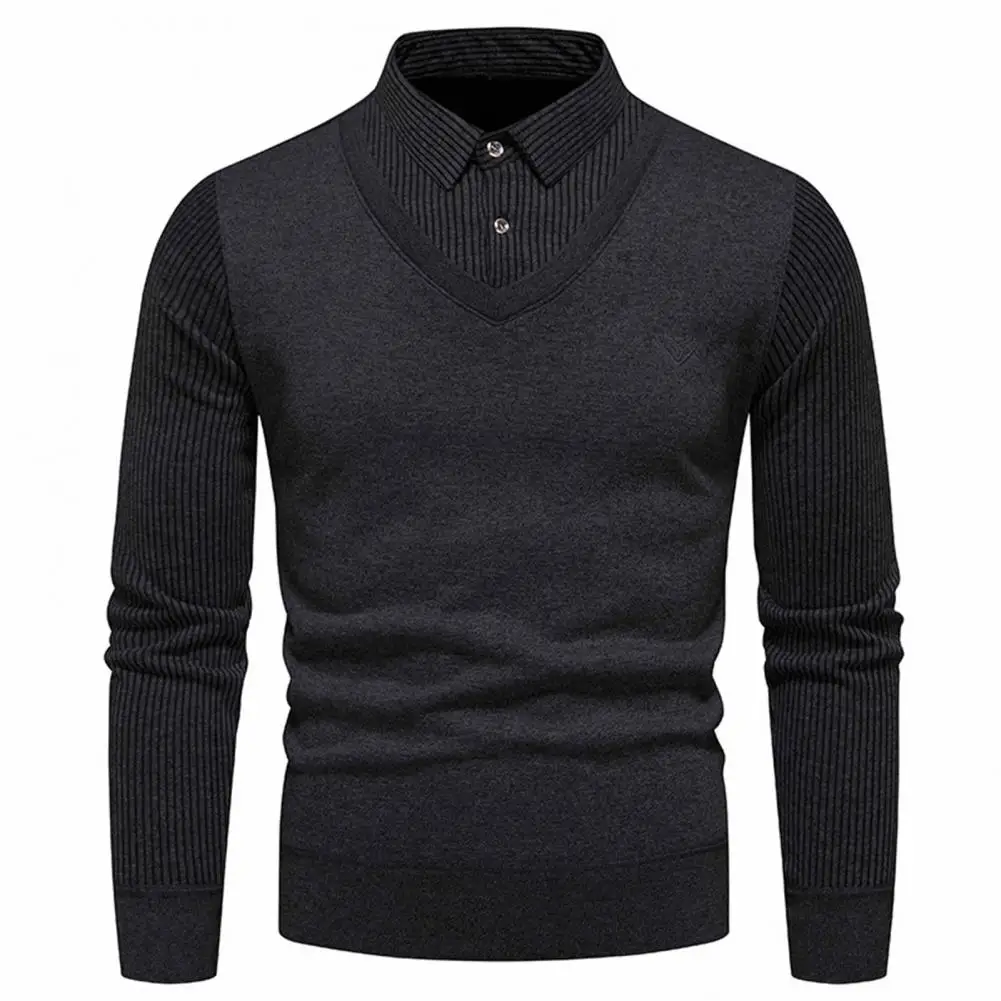 Men Fall Winter Sweater Fake Two-piece Long Sleeve Lapel Buttons Striped Pullover Knitted Slim Fit Men Business Style Sweater