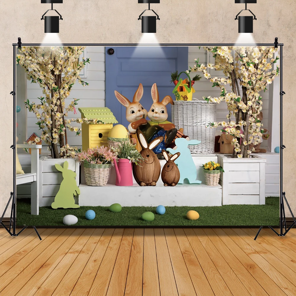 ฤดูใบไม้ผลิอีสเตอร์กระต่ายพื้นหลังดอกไม้กระต่ายหญ้า Lown วันเกิดการถ่ายภาพฉากหลังอีสเตอร์ไข่ Vintage ประตูฤดูใบไม้ผลิ Photocall