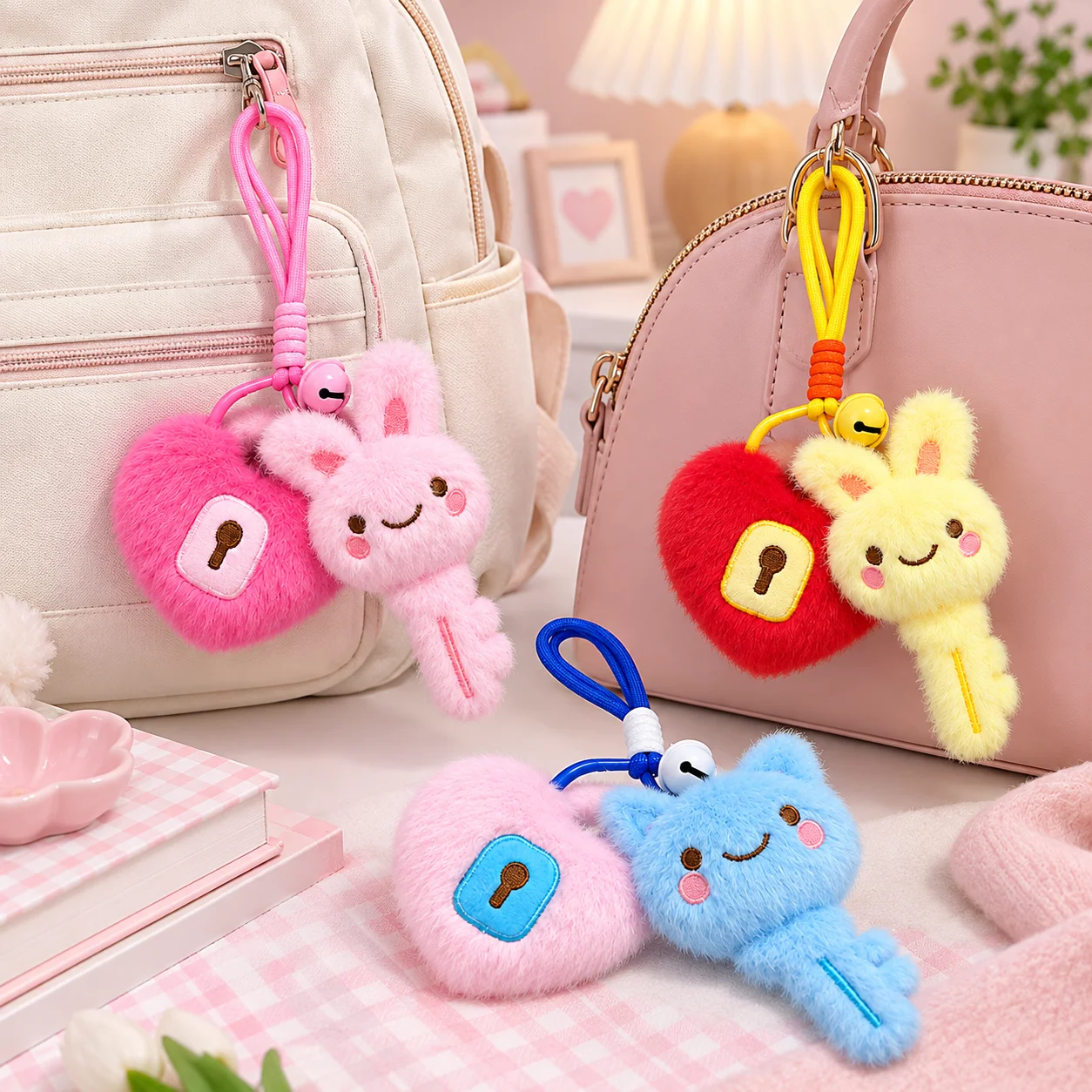 Cute Cartoon Heart Lock Plush Keychain, Kawaii Mini Stuffed Doll Pendant, Bag Charm Backpack Accessory, Creative Gift