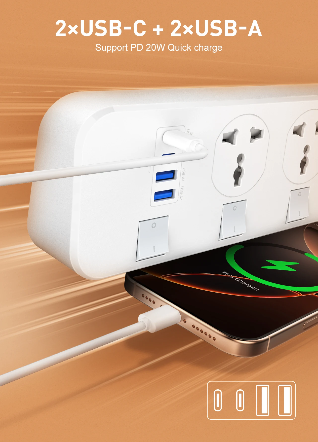 V2.0 Power Strip 6.5Ft/2M Extension Cord Surge Protector with 4 AC Outlets 2 USB C 2 USB A Charging Ports Switch UK US EU Plug
