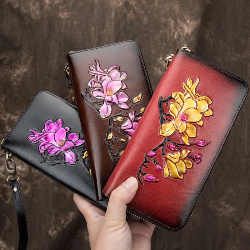 Johnature Vintage Long Hand Wallet Genuine Leather Womens Wallets And Purses 2024 New Handmade Embossing Wallet Card Holder