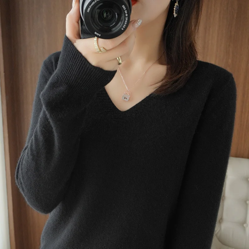 Autumn And Winter Cashmere Sweater New Women's V-neck Pullover Lace Neck Hollow Out Design Casual Knitted Long Sleeve Women's