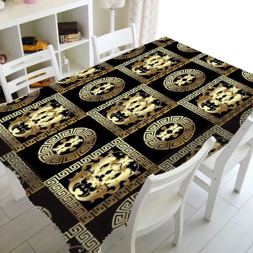 Luxury Black Gold Greece Geometric Rectangle Printed Rectangular Tablecloth For Table And Decoration Waterproof  Tableclot