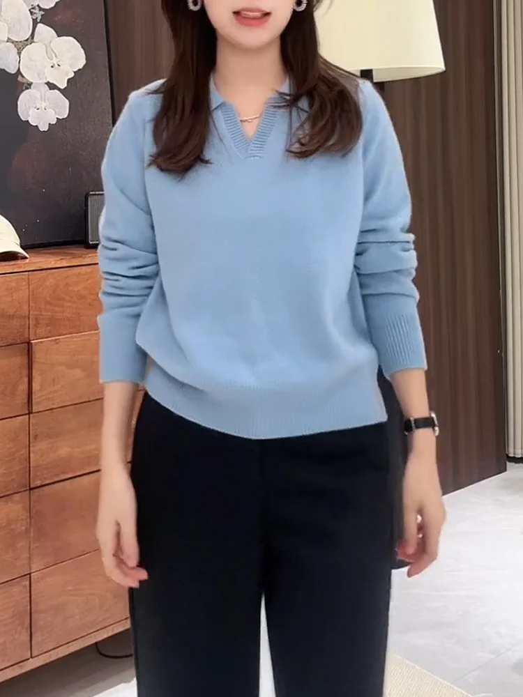 

Ретро-свитер с V-образным вырезом и длинными рукавами, синий, универсальный, стройнящий топ для осеннего сезона, больших размеров, женская модная одежда