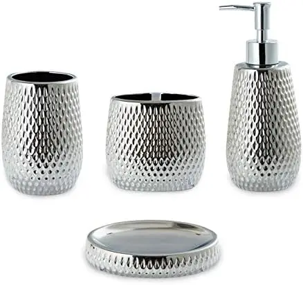 

4-Piece Silver Bathroom Set – Rain-Drop Ceramic Accessories with Toothbrush Holder, Tumbler, Soap Dispenser & Dish