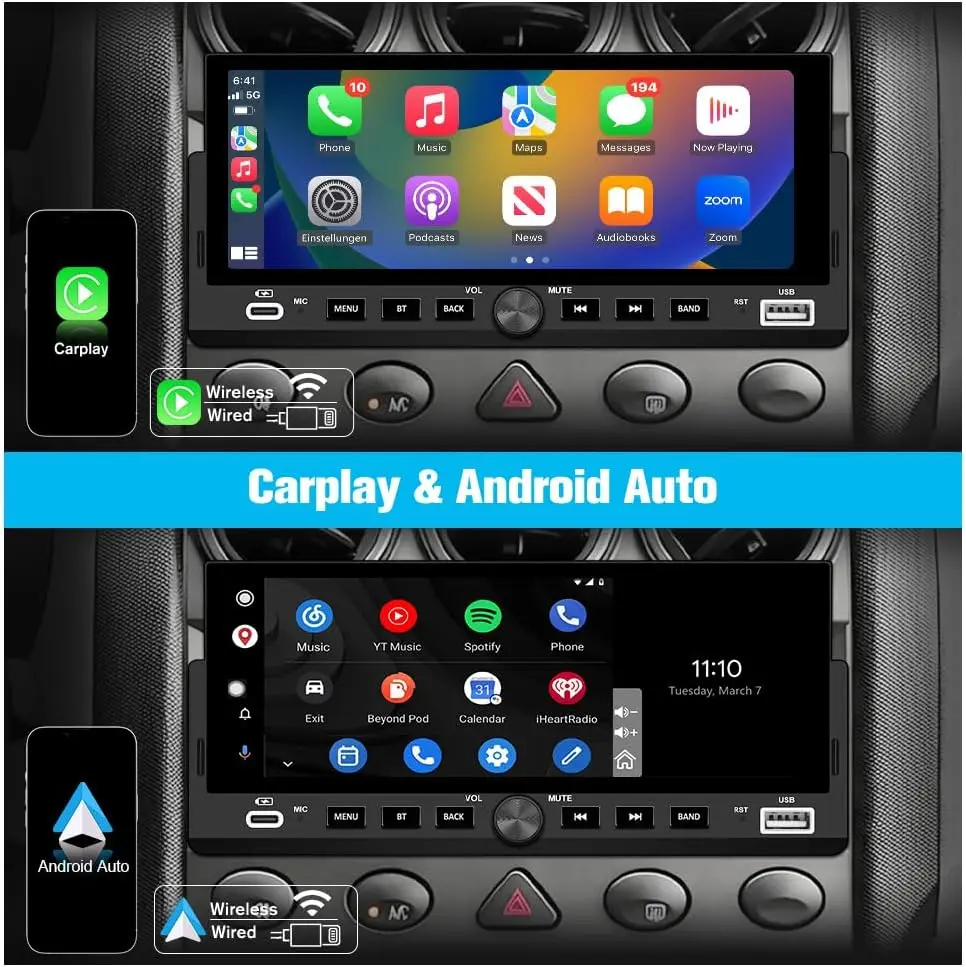 6.86' Car Stereo with Wireless CarPlay, Android Auto, Bluetooth, Backup Camera, USB-C, FM, EQ