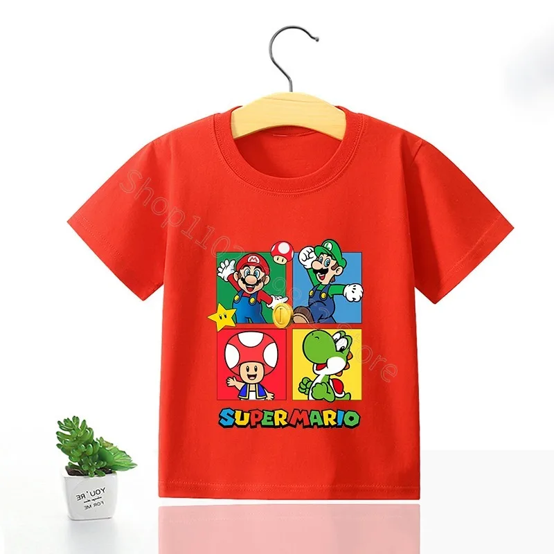 Super Mario Boys Girls Clothes Princess Peach Luigi T-shirt Cool Comfortable Sweat Absorption Short-sleeved Top Baby Show Gifts