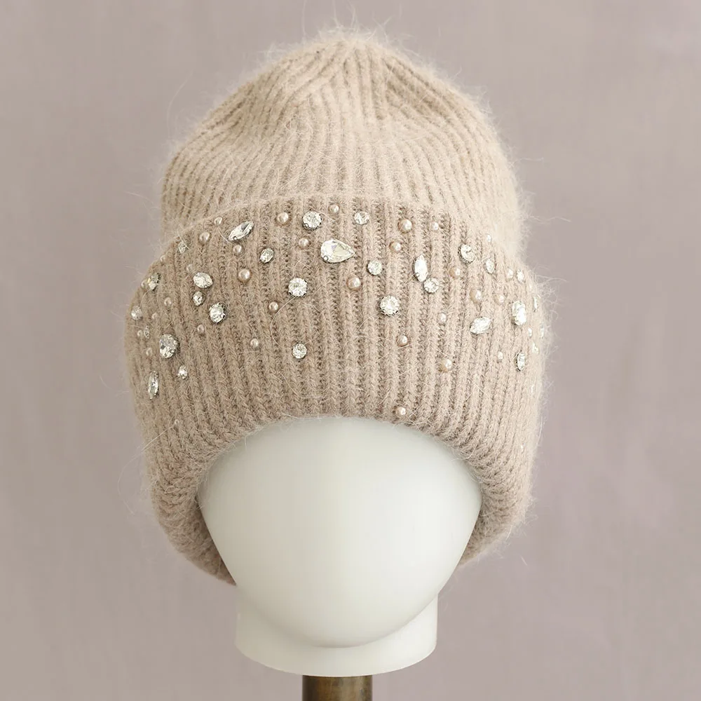 Angora Hat Rhinestone Women Winter Knit Beanie Warm Accessory For Autumn Cold Weather Skiing Outdoor Sports Holiday