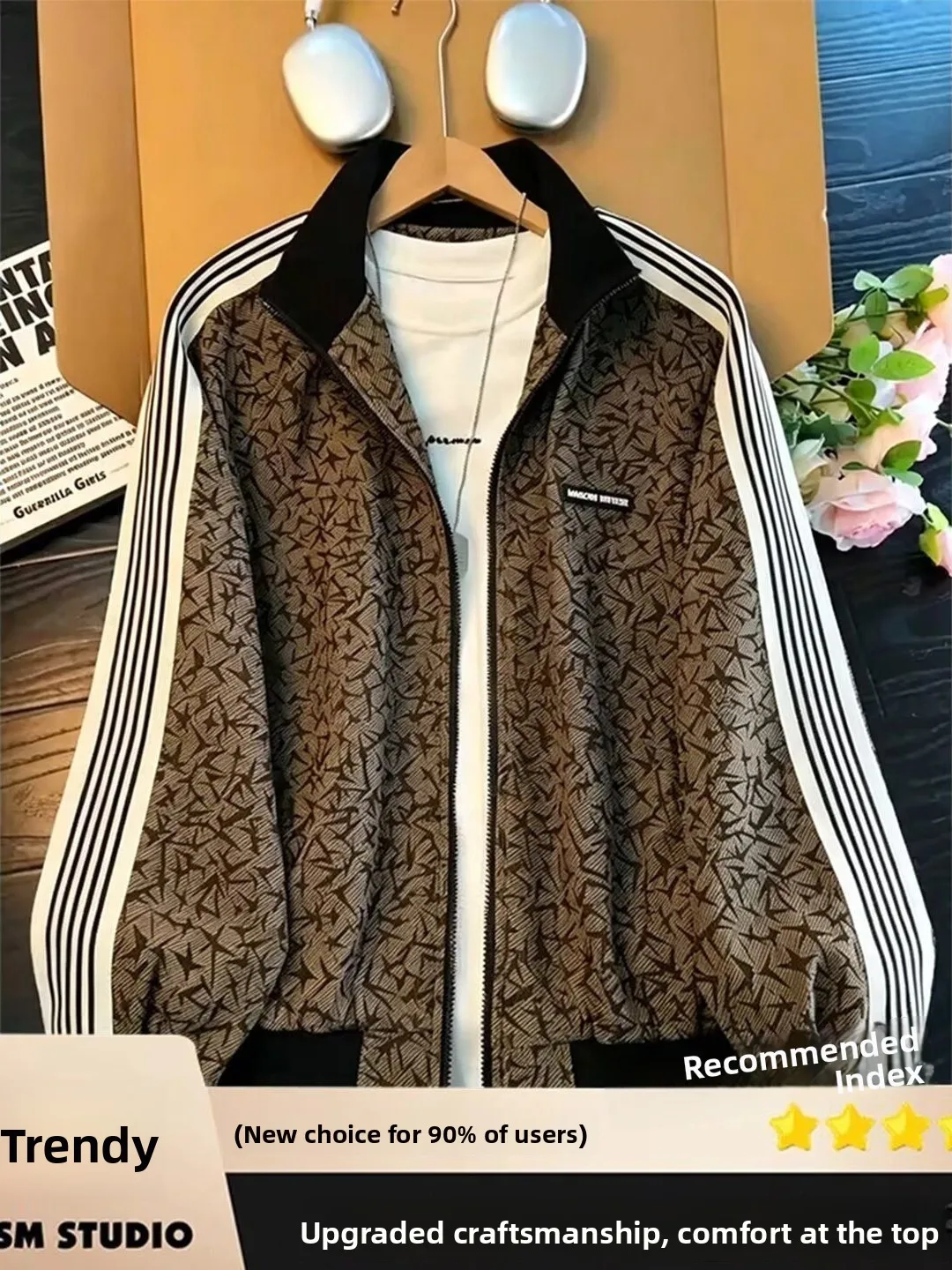 Retro American Baseball Jacket with Dark Pattern And Stand Collar for Men Autumn Design Cleanfit Three Bars Outerwear Coat
