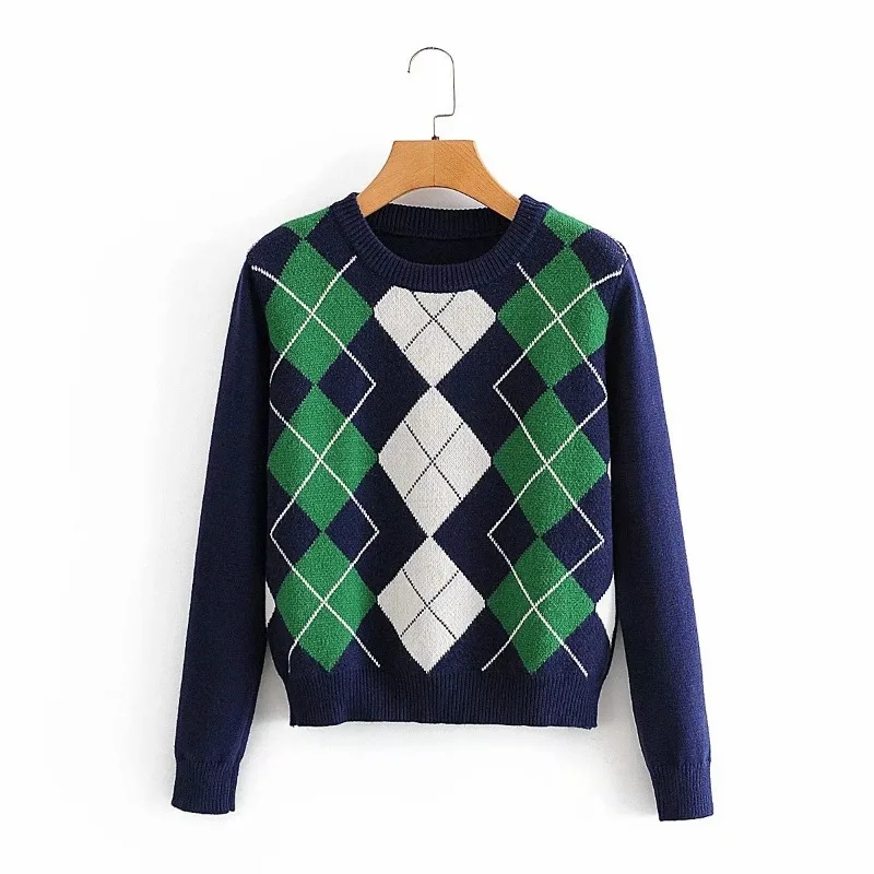 Argyle Sweaters women Cottagecore Knit Pullovers Fashion O Neck Slim Casual Jumpers Y2k Indie Spring Autumn New Long Sleeve Tops