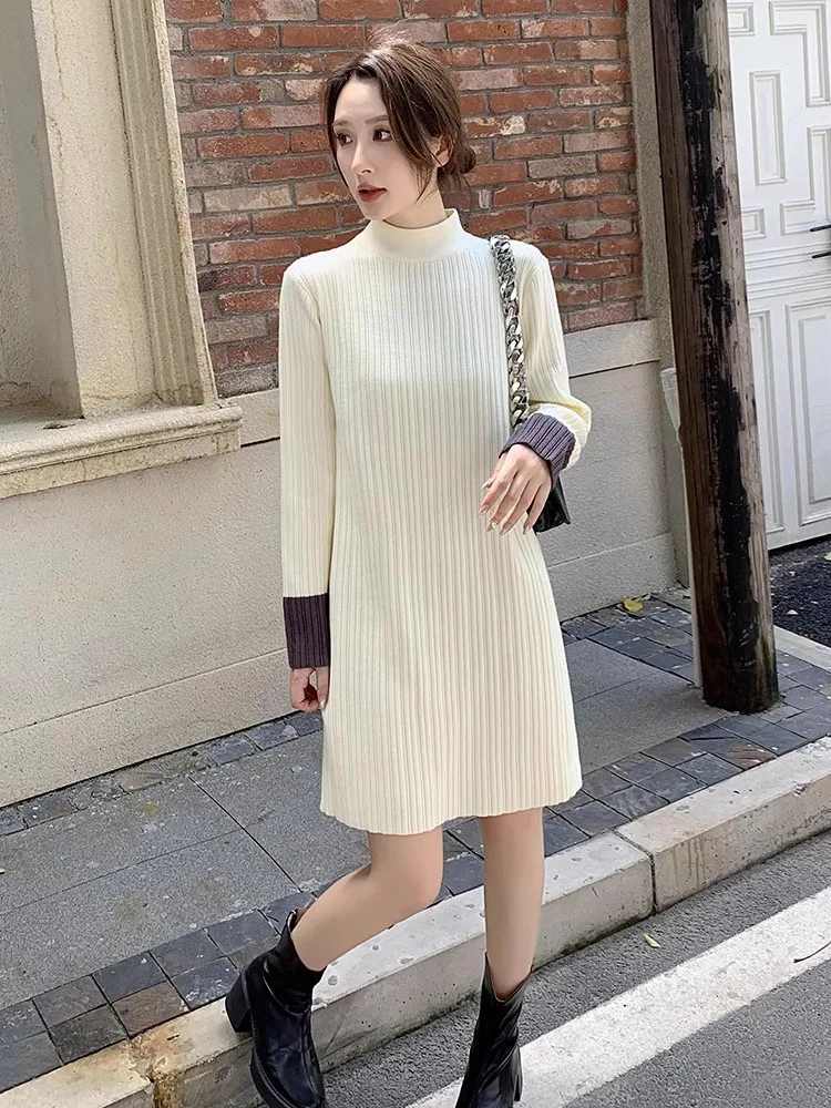 基本的な着用冬服女性ハーフタートルネック暖かいニットウェア春秋の女性のセーターミドルロングドレスプルオーバージャンパー