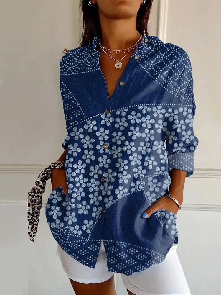 여성용 봄 프린트 셔츠, 패션 긴팔 V넥 버튼 셔츠 탑, 캐주얼 보헤미안 휴가 여성 의류, 가을 신상 2025