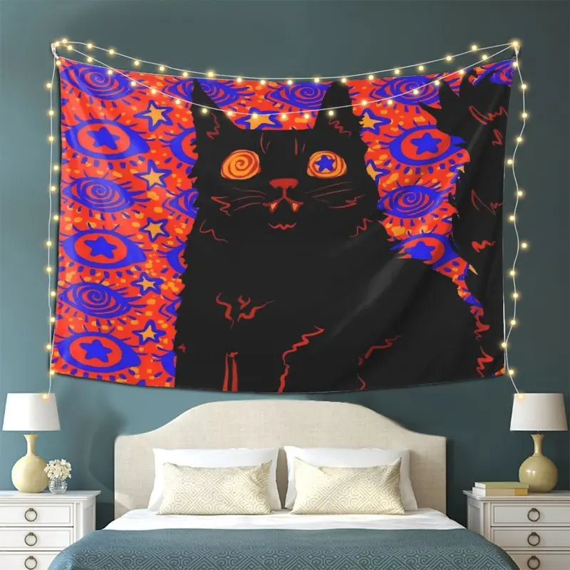 VIKAMA Trippy Black Cat Tapestry Psychedelic Eye Star Wall Hanging Hippie Mystic Aesthetic Bedroom Dorm Home Decor