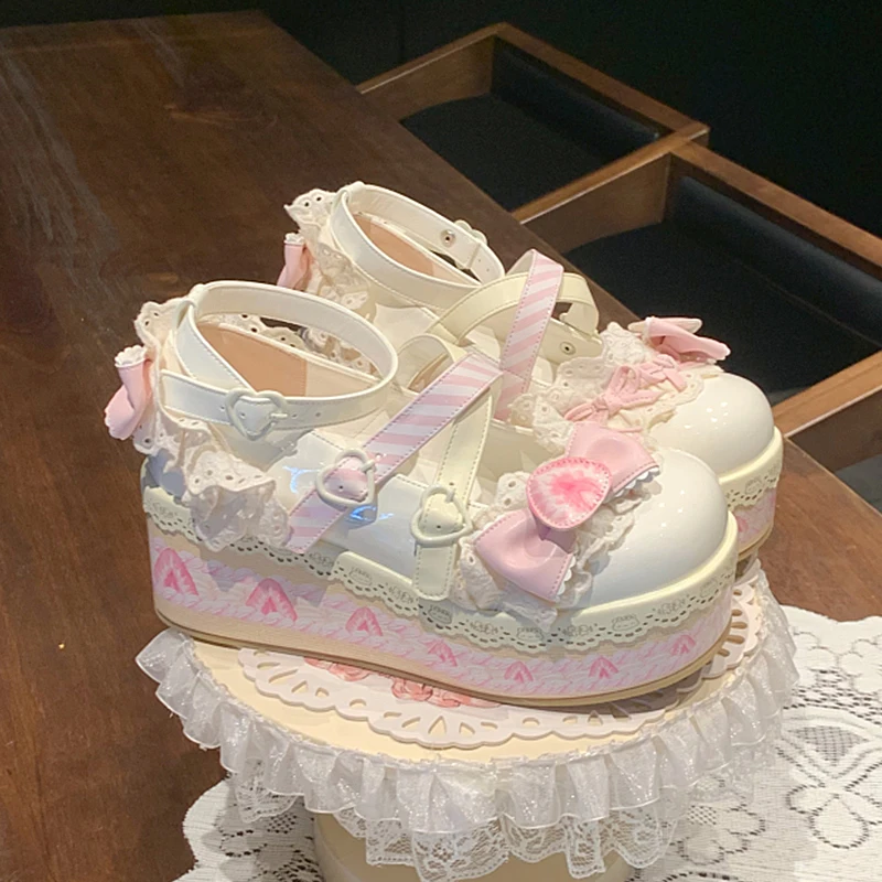 Y2k Heels Shoes Kawaii Girls Lolita Flat Platform ,Female Students Lace Strawberry Bowknots Cute Marry Jane Elevator Shoes
