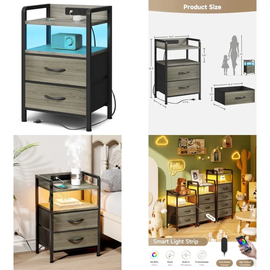 Night Stand Bedside Charger Bedroom - Nightstand with Charging Station and LED Light Strip, Morden End Table with USB Ports and