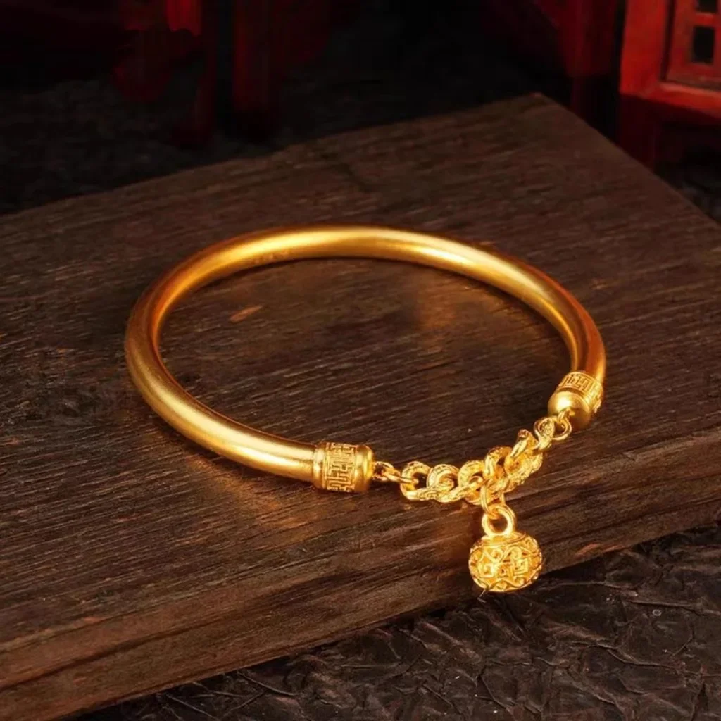 

24K Real Gold Bracelet AU999 Women's Literary Retro Bell Bracelet, Female Fine Christmas Gift Real Gold Jewelry