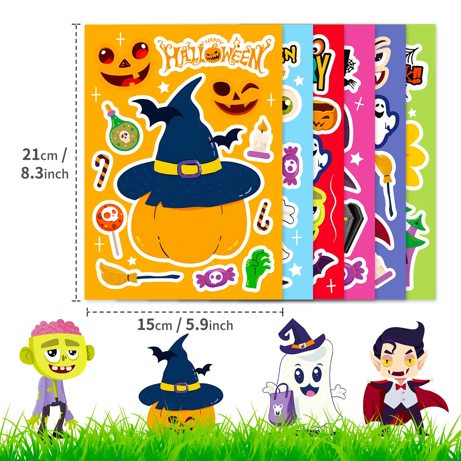 6Sheets Halloween DIY Puzzle Sticker Games 6 Cute Ghost Vampire Make A Face Funny Assemble Jigsaw Stickers Kids Educational Toys