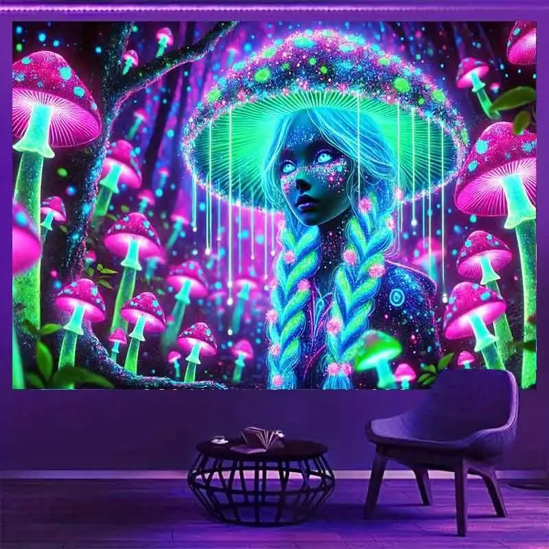 VIKAMA Magical Mushroom Forest Elf Girl Tapestry Background Meditation Room psychedelic Atmosphere Room Decoration