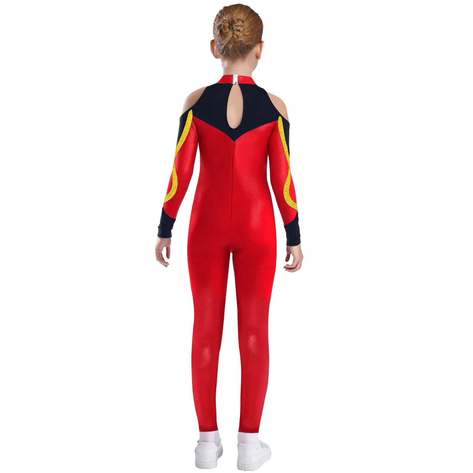 Kids Girls Acrobatics Gymnastics Dance Jumpsuit Long Sleeve Cold Shoulder Contrast Color Metallic Dance Bodysuit Yoga Sportswear