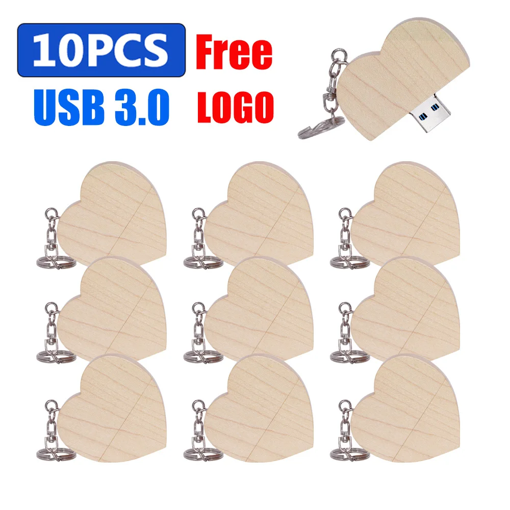 10 PCS LOT USB 3.0 Flash Drive 128GB Free Logo Pen Drive 64G 16G Wooden Heart Box Memory Stick 32GB 8GB Photography Wedding Gift