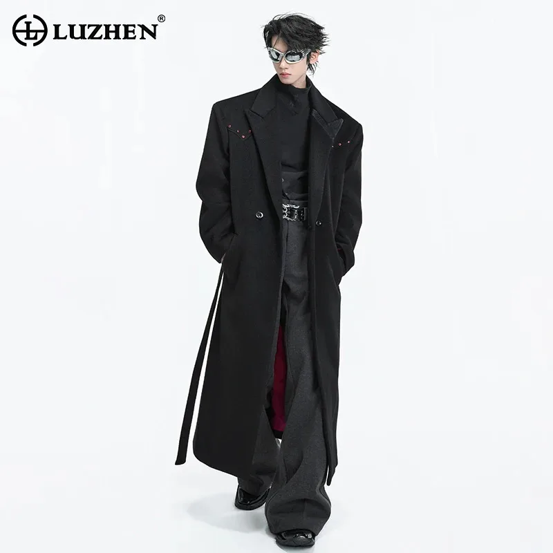 LUZHEN 2025 Winter New Stylish Diamond Patchwork Decorate Belt Woolen Windbreaker Coat Men's Elegant Temperament Trench JY5614