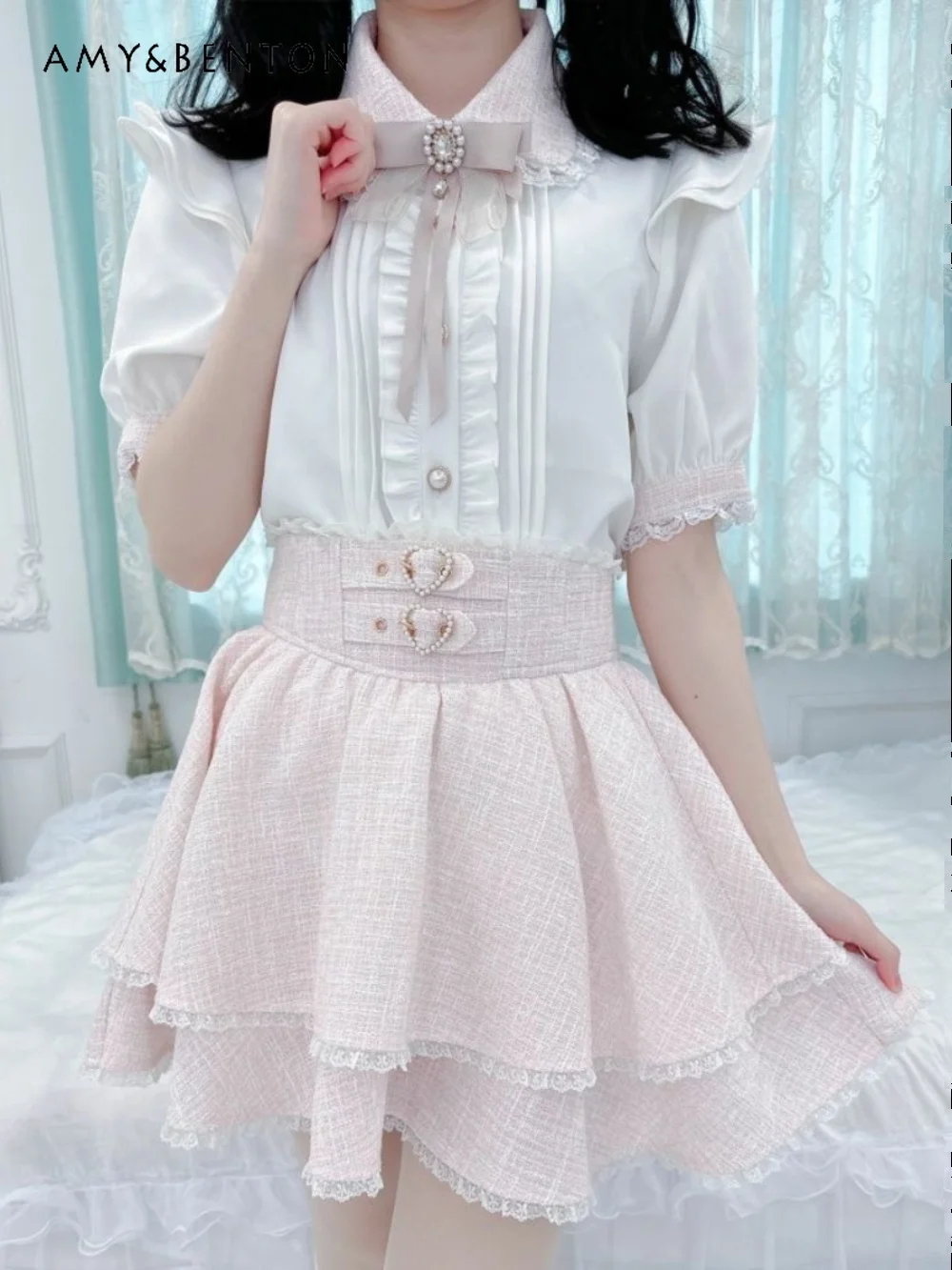 

Summer Japanese Liz Skirt Women Mine Mass-Produced Sweet Double Heart Buckle Tweed Skirts Lolita Lace Multi Layered Skirt Pants