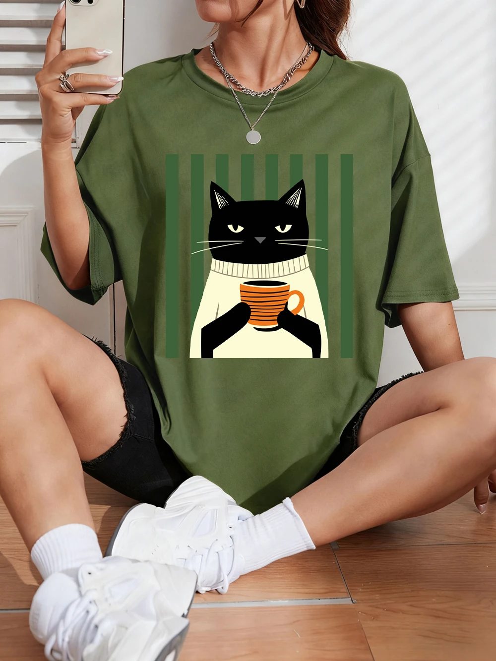 Schwarze Katze Kaffeetassen-Druck Baumwoll-T-Shirts Damen Sommer Oversized Tops Lässige Weiche Kurzarm-T-Shirts Basic O-Ausschnitt Kleidung – Detail 26