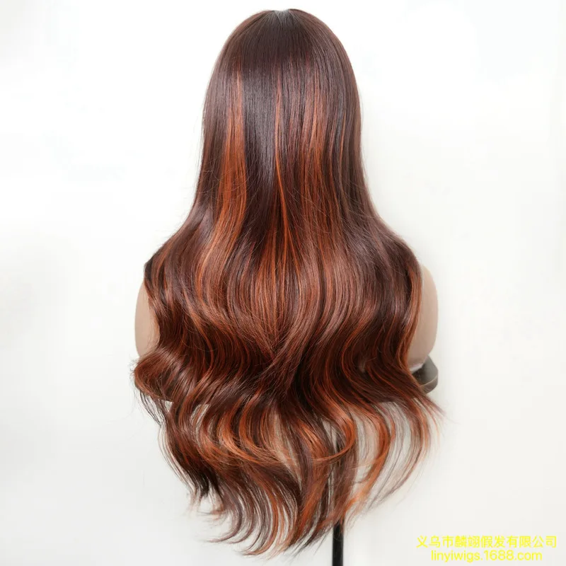 Women's wig with bangs, full head cover, colorful flame orange highlights, long curly hair