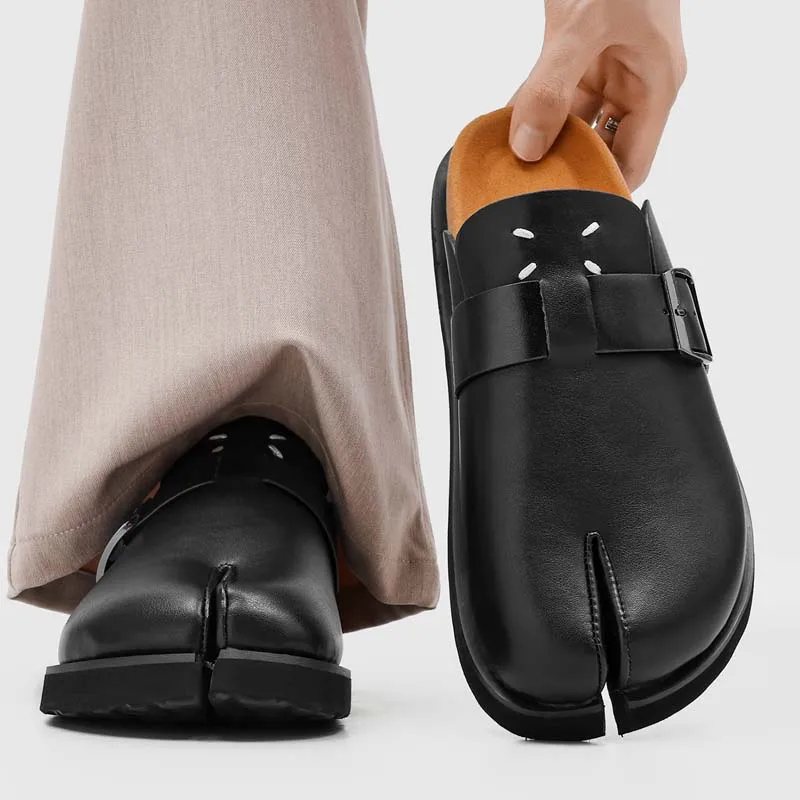 Internet Celebrity Pig Trotter Split Toe Men Boken Half Slippers with Buckle Decoration Lazy Casual Couple Slippers