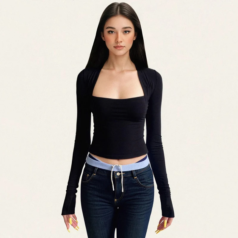 

Женский топ с облегающим квадратным вырезом и длинными рукавами