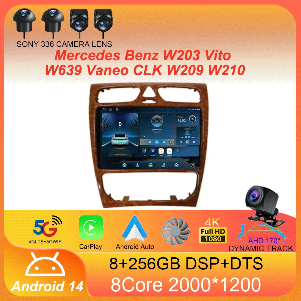 Android 14 Radio Stereo Car Multimedia Player For Mercedes Benz W203 Vito W639 Vaneo CLK W209 W210 CarPlay Navigation GPS 4G BT