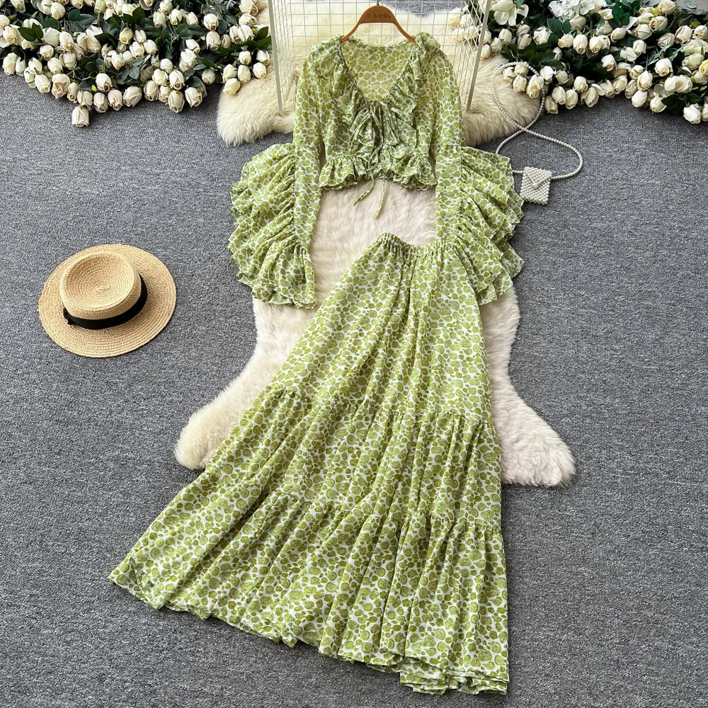 

Two Pieces Women Print Dress Set Ruffles Matching Sets Bell Sleeves Shirt Ankle Lenth Cake Skirt Loose Casual 2026 Spring