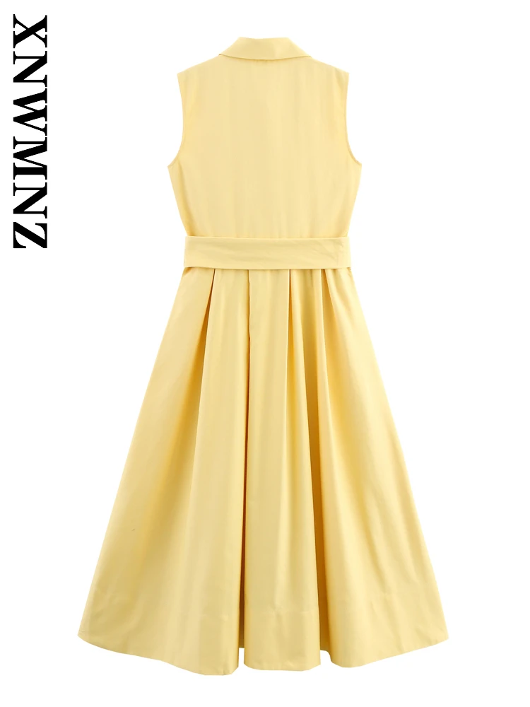 Xnwmnz 2025 verão mulher chique deslocamento turn-down colarinho sem mangas midi vestidos moda simples senhora casual vestido plissado