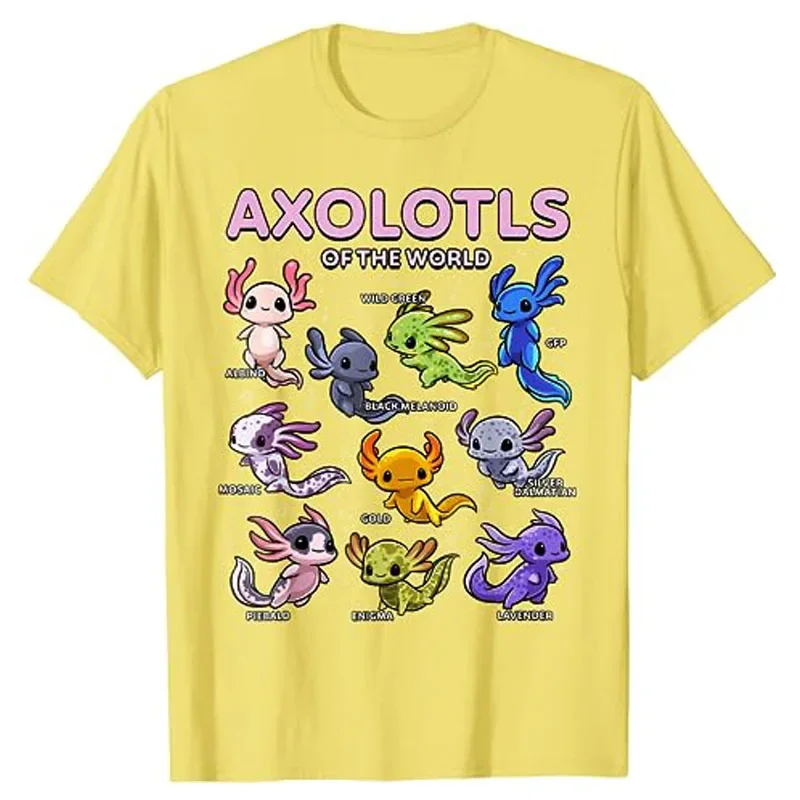 Axolotl Shirt Kawaii Axolotls of The World Axolotl Animals T-Shirt Types of Mexican Walking Fish Kawaii Artwork Tee Cartoon Tops