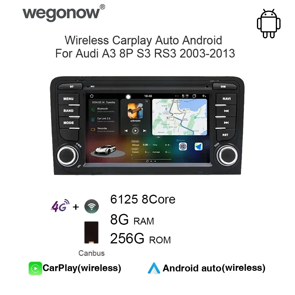 Car Radio For Audi A3 8P S3 RS3 Sportback 2003-2013 type-c Wireless CarPlay Android Auto GPS Bluetooth Steering Control