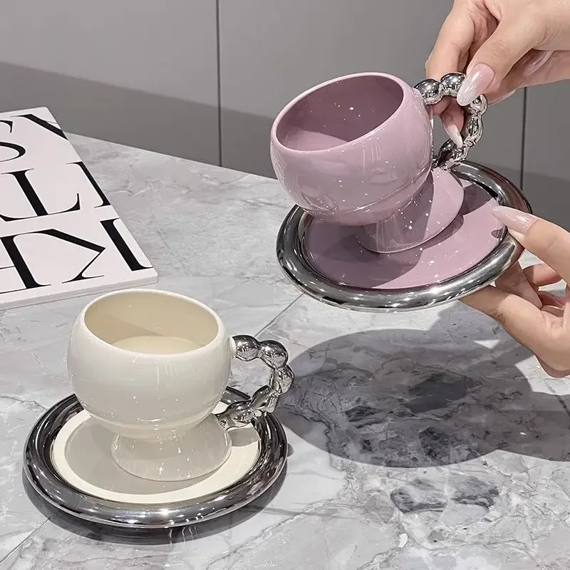 English Afternoon Tea Coffee Cup Saucer Delicate Ceramic White Purple Couple Mug Latte Art Coffee Cup Home Breakfast Mug Gifts