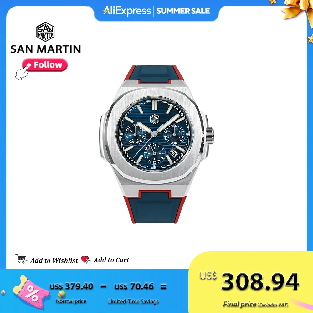 

San Martin 43 мм Роскошные мужские часы Деловые многофункциональные автоматические механические часы Miyota 9120 Светящиеся водонепроницаемые SN0075