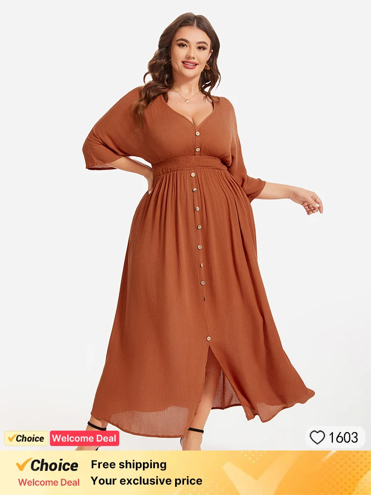 

Plus Sized Clothing Women Maxi Dress Solid Color Casual V Neck Dolman Sleeve Front Split Orange Elegant Elastic Waist Dresses