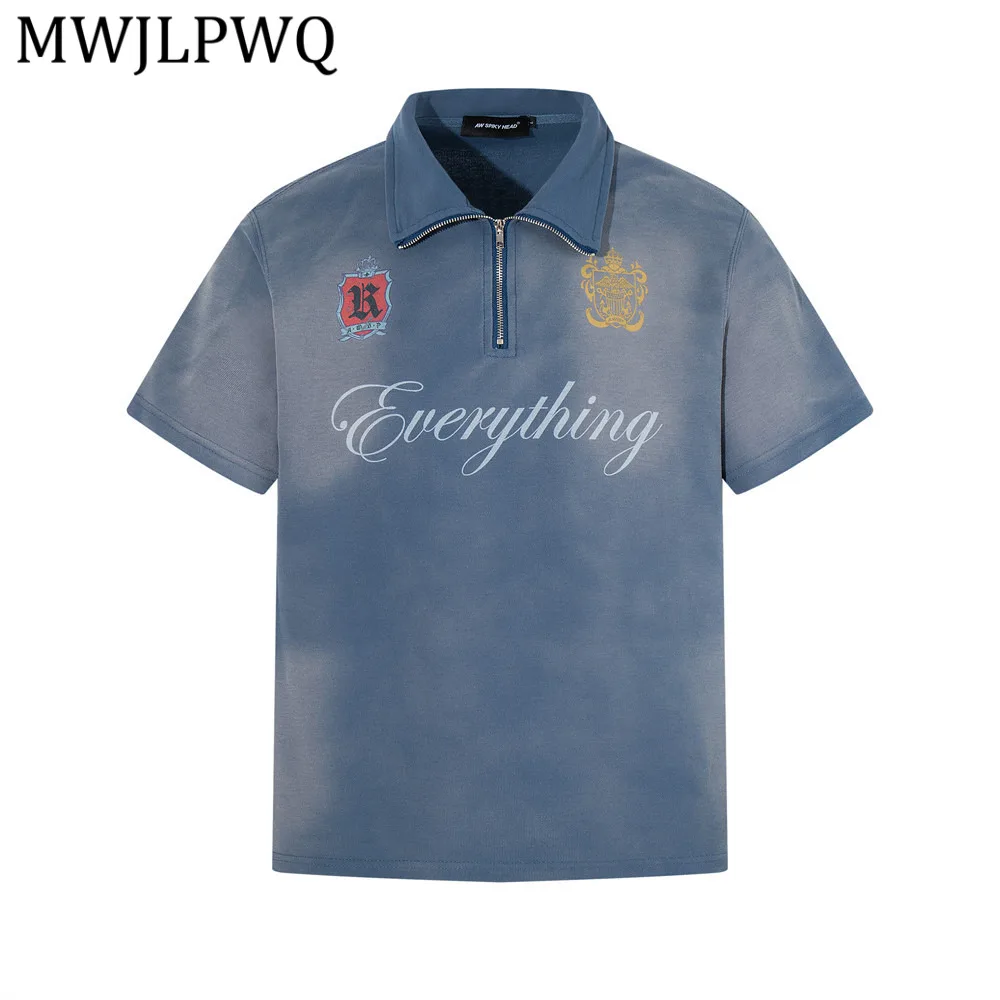 

MWJLPWQ Distressed Dirty Spray-Dyed Short-Sleeve Shirt For Men Trend Letter Print Half-Zip Stand-Up Collar Punk Style Tops 14079